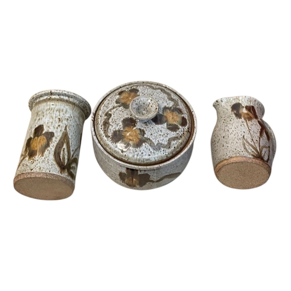 Mid Century Studio Art Pottery Pitcher Brown Speckled Glaze Set of 3 Signed - Picture 2 of 16